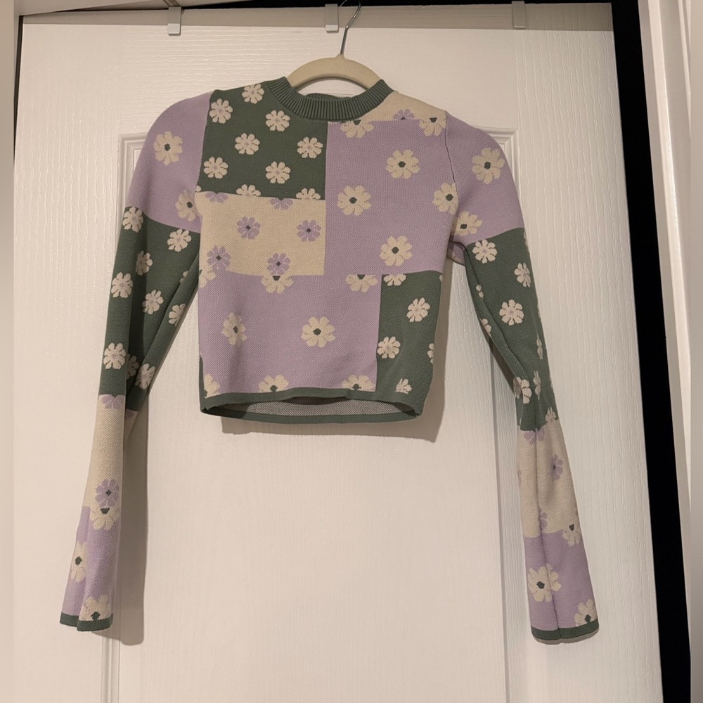 debut Lavender, Sage & Cream Floral Patchwork Cropped Sweater